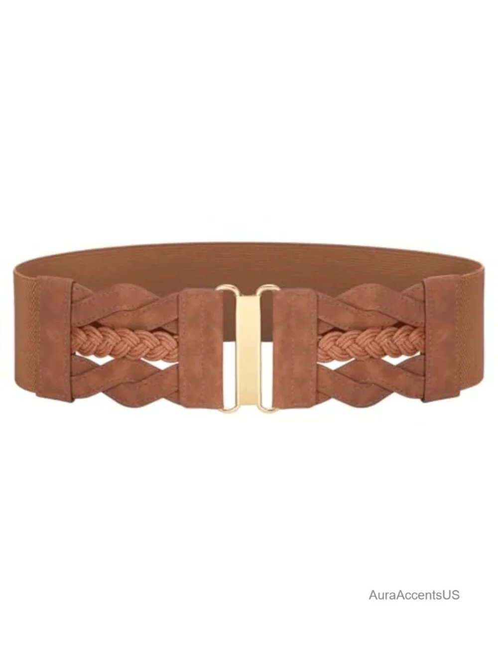 Women Wide Elastic Waist Belt Faux Leather Gold Buckle Stretchy Vintage